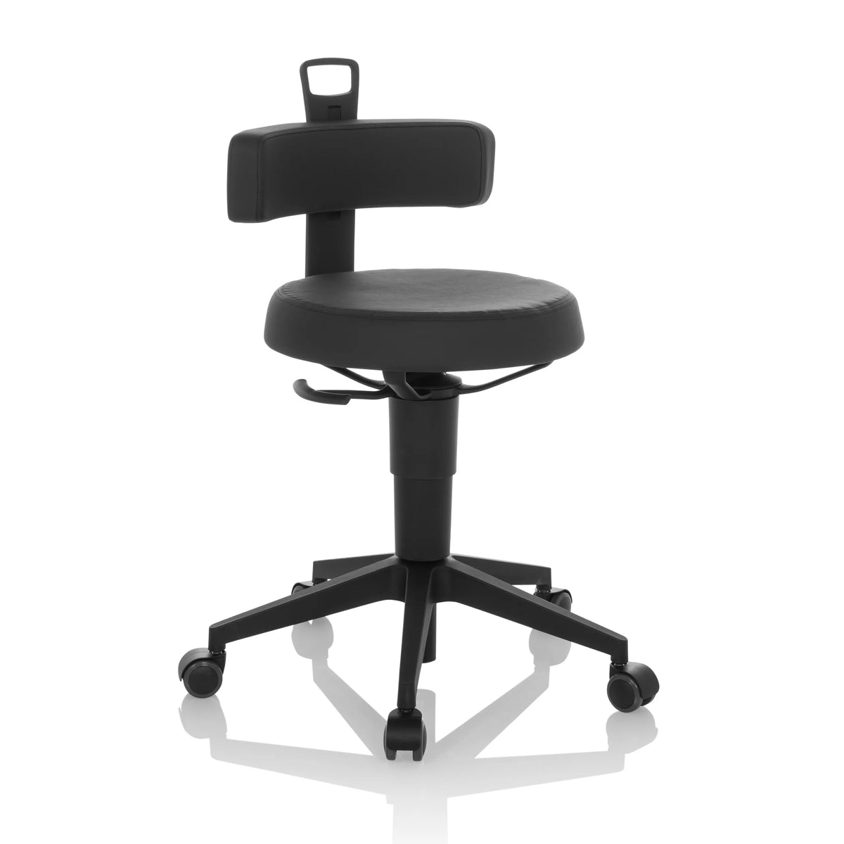 Black faux leather Swivel stool TOP WORK FLEX PU with backrest and five-caster base by hjh OFFICE – 360-degree view (front three-quarter view 30°)