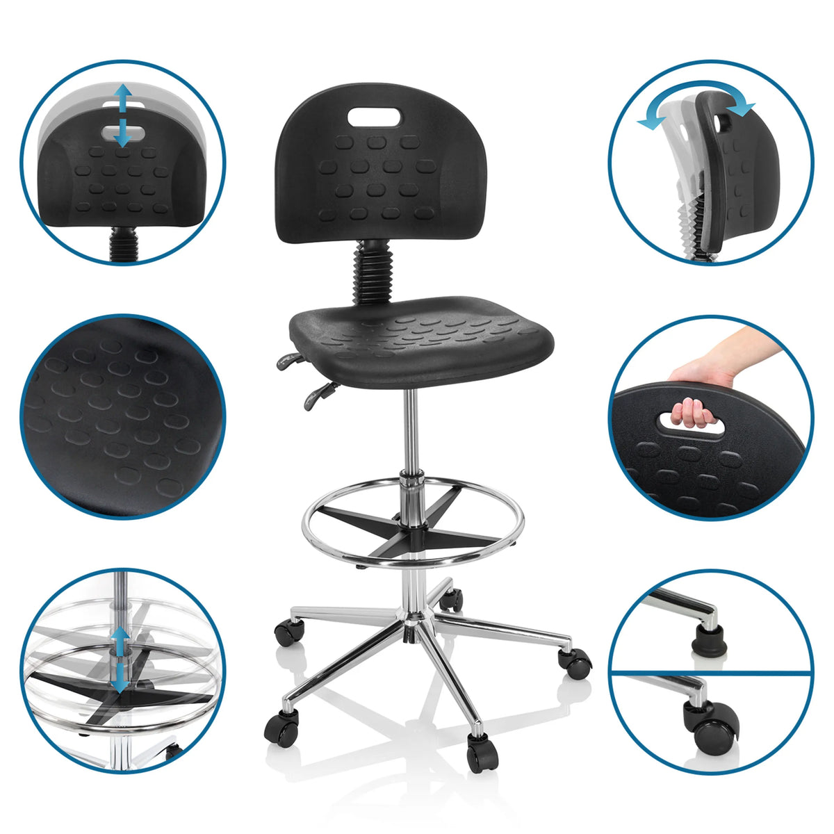 Features of the TOP WORK 23 I counter chair with adjustable backrest and footring in black by hjh OFFICE