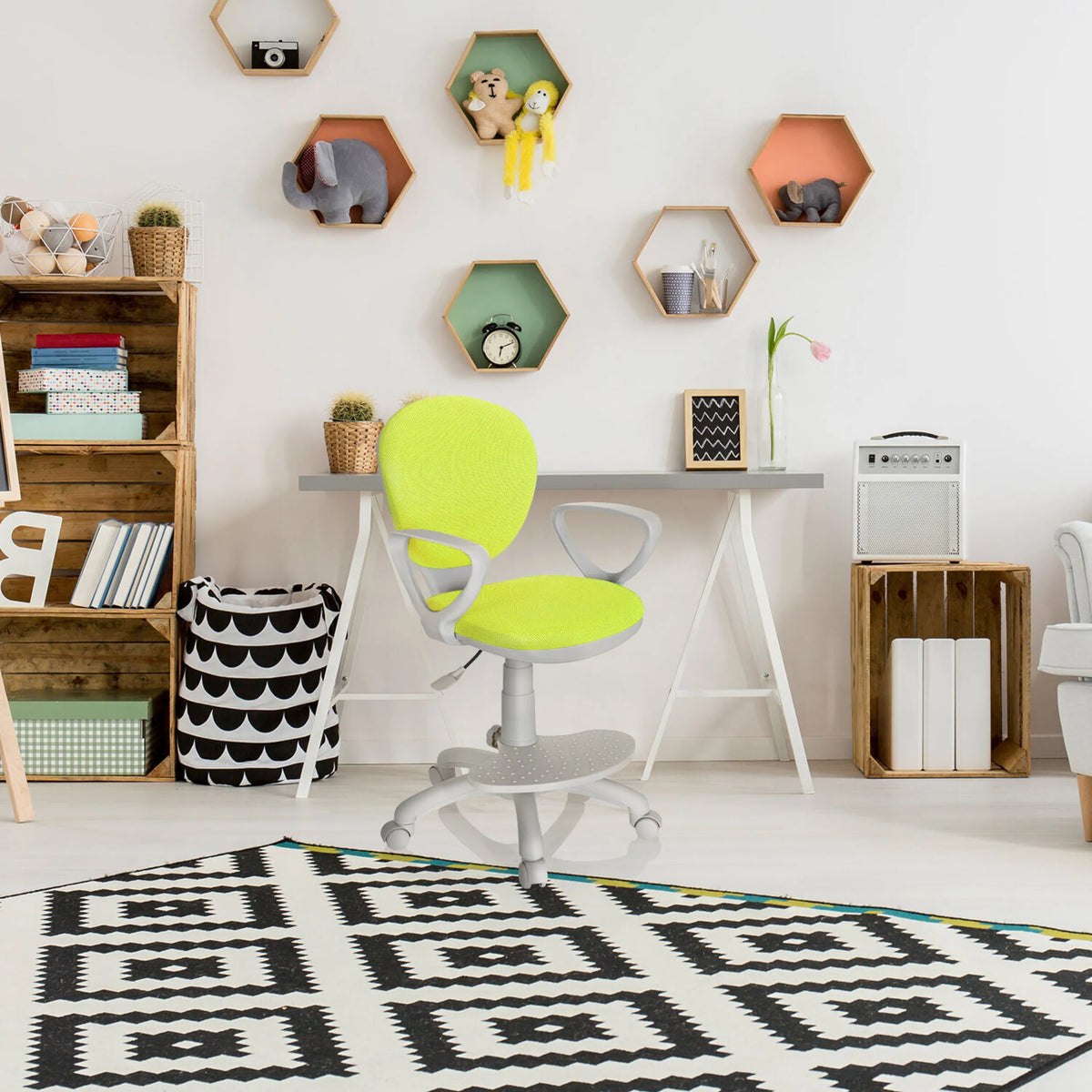 Children's swivel chair KID COLOUR G1 in green and grey with armrests and castors in a children's room by hjh OFFICE