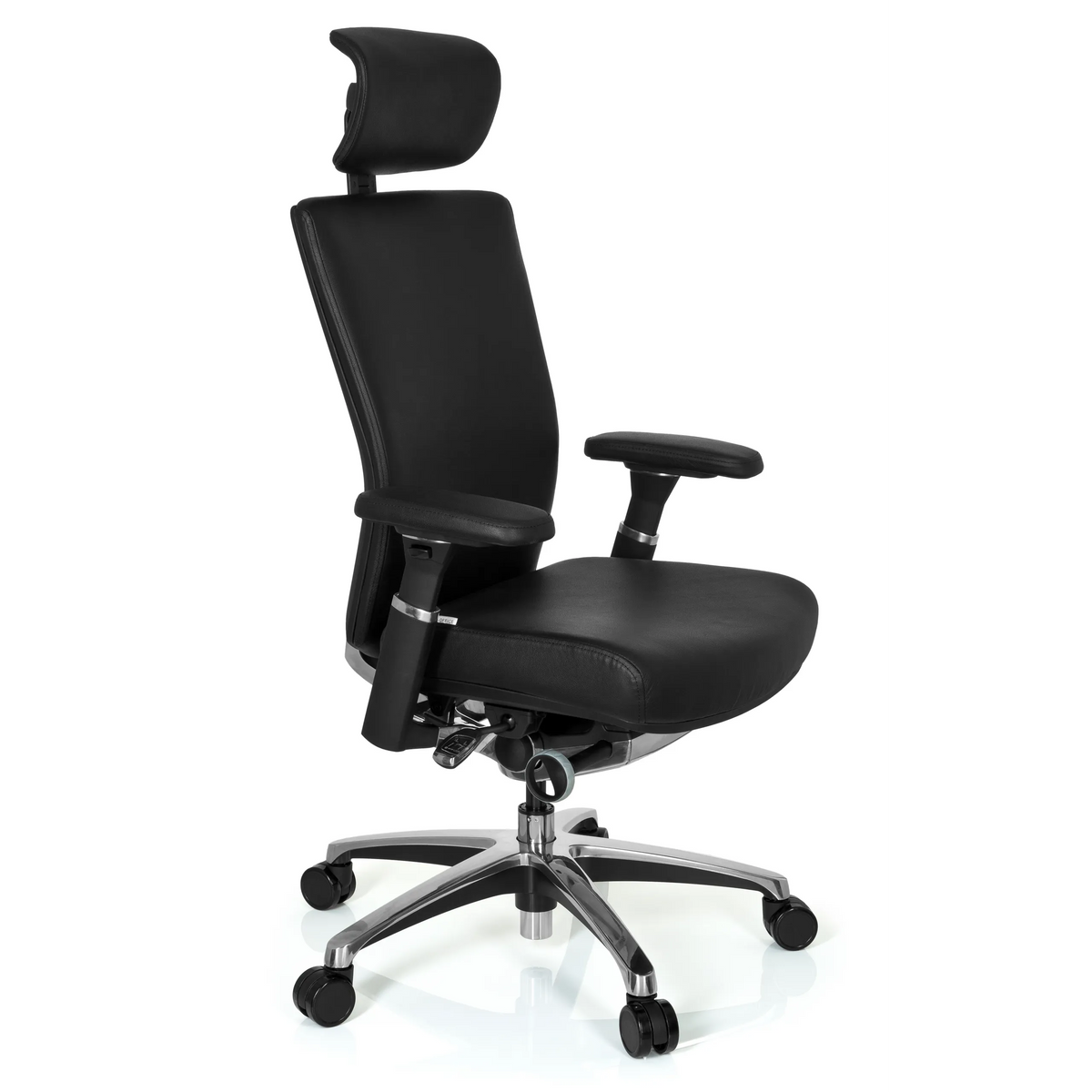 Black Professional Office Chair NOVA made of leather with headrest and five-caster base by hjh OFFICE – 360-degree view (front three-quarter view 60°)
