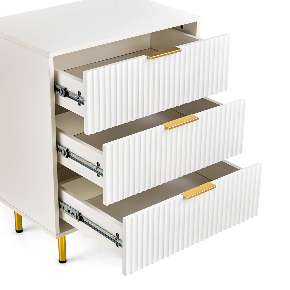 Open drawers with ribbed front design of the Hjelle K chest of drawers in white with gold-coloured handles by hjh LIVING