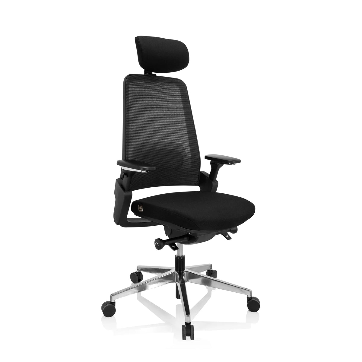 Black Professional Office Chair BRACIO with mesh back, headrest and five-caster base by hjh OFFICE – 360-degree view (front three-quarter view 40°)