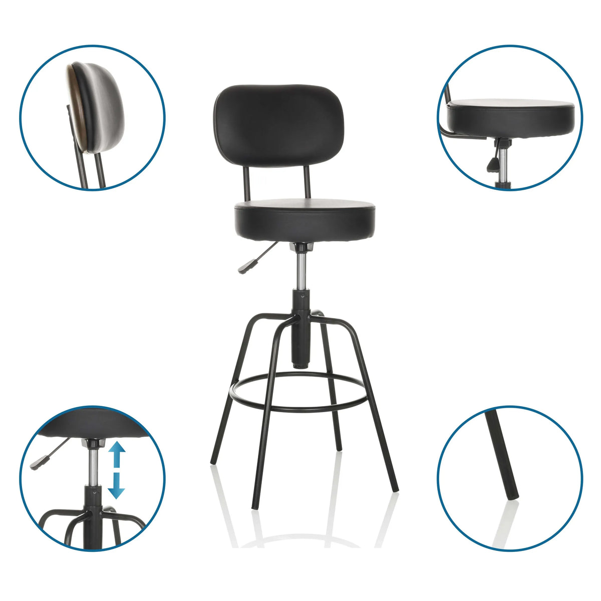 Black DISC HIGH bar stool with backrest, gas lift height adjustment and circular footrest by hjh OFFICE