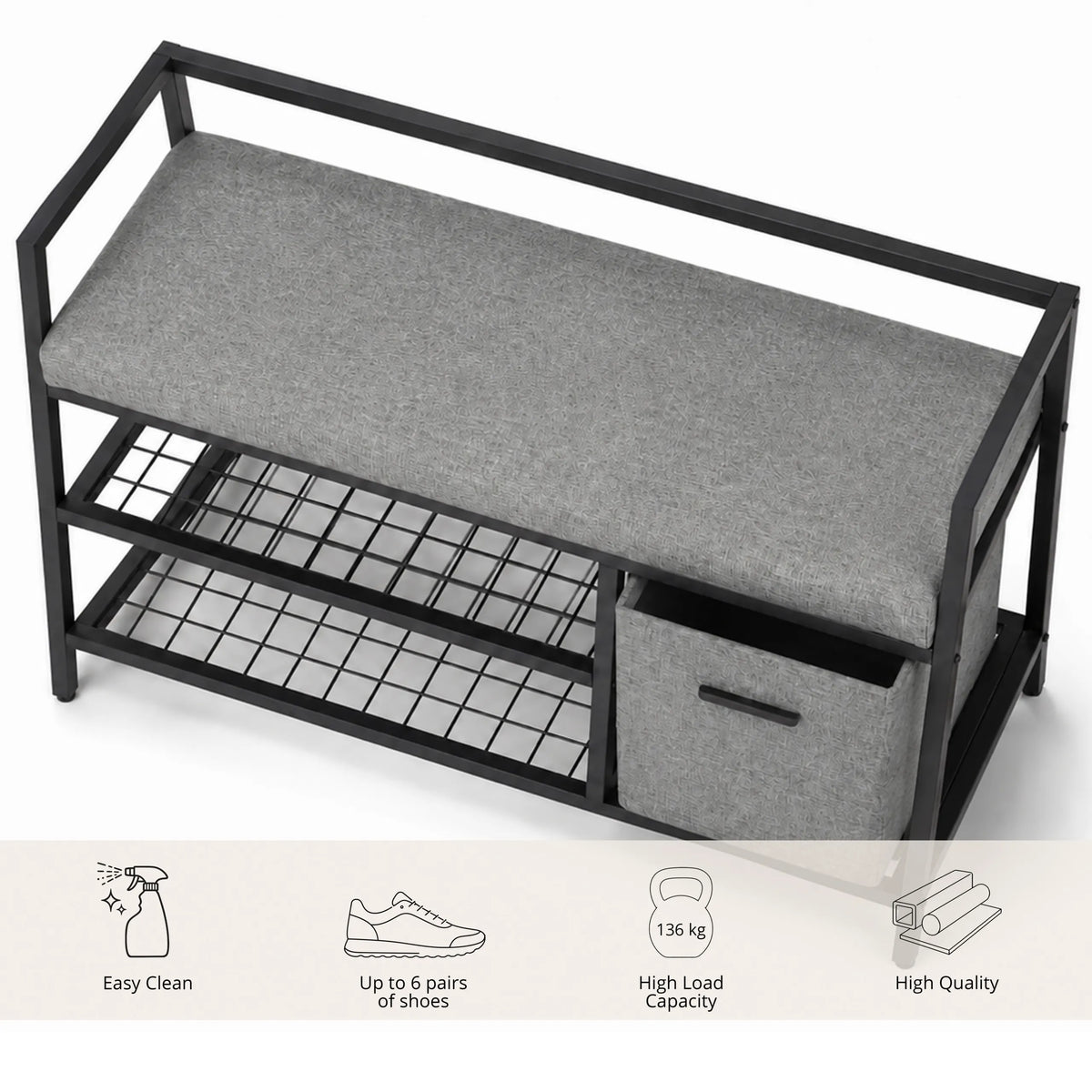 Estha Loft shoe cabinet in black-grey with padded seat, grid shelf and a fabric basket by hjh LIVING