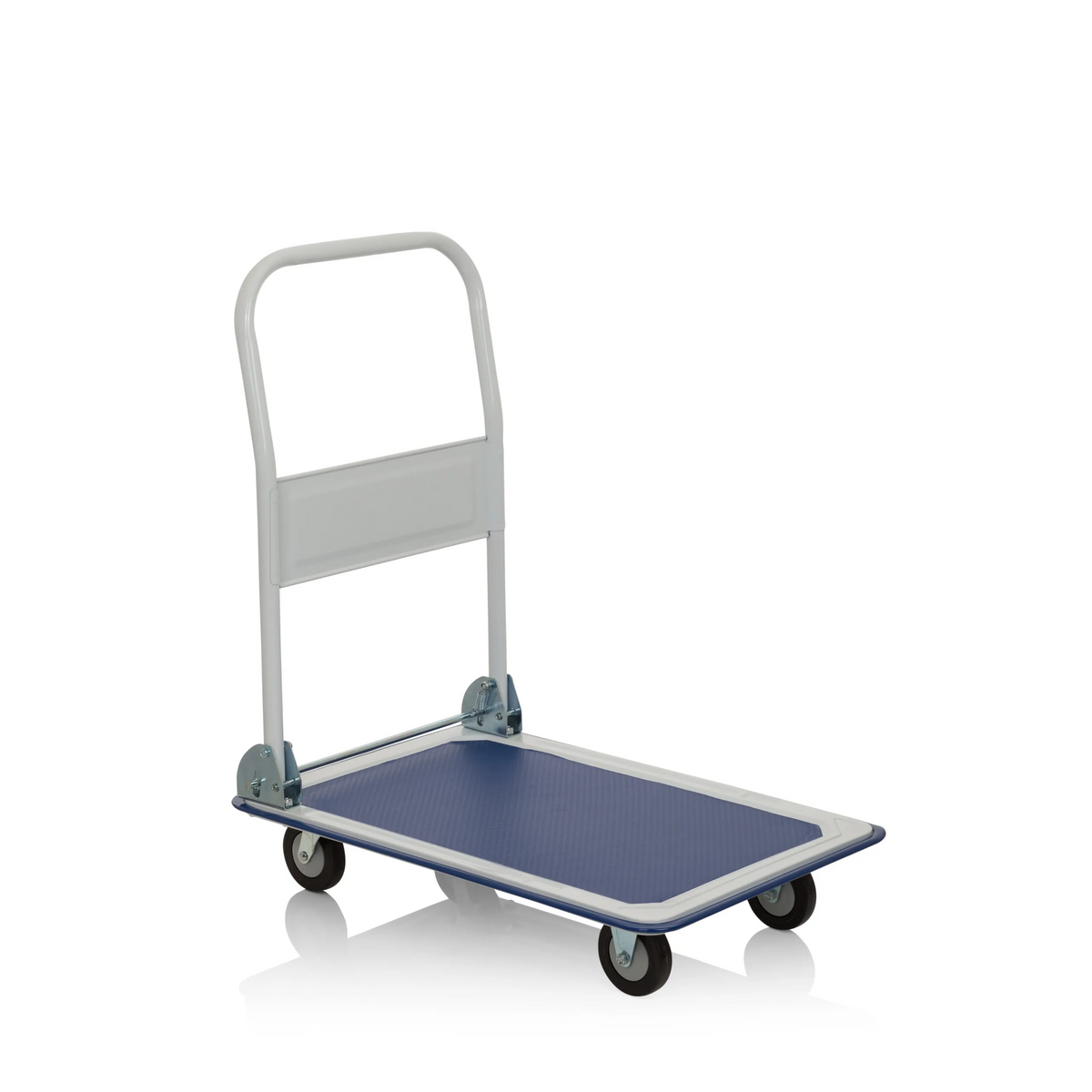 Blue and white Platform trolley CARRY with foldable handle and four castors by hjh OFFICE – 360-degree view (front view 20°)