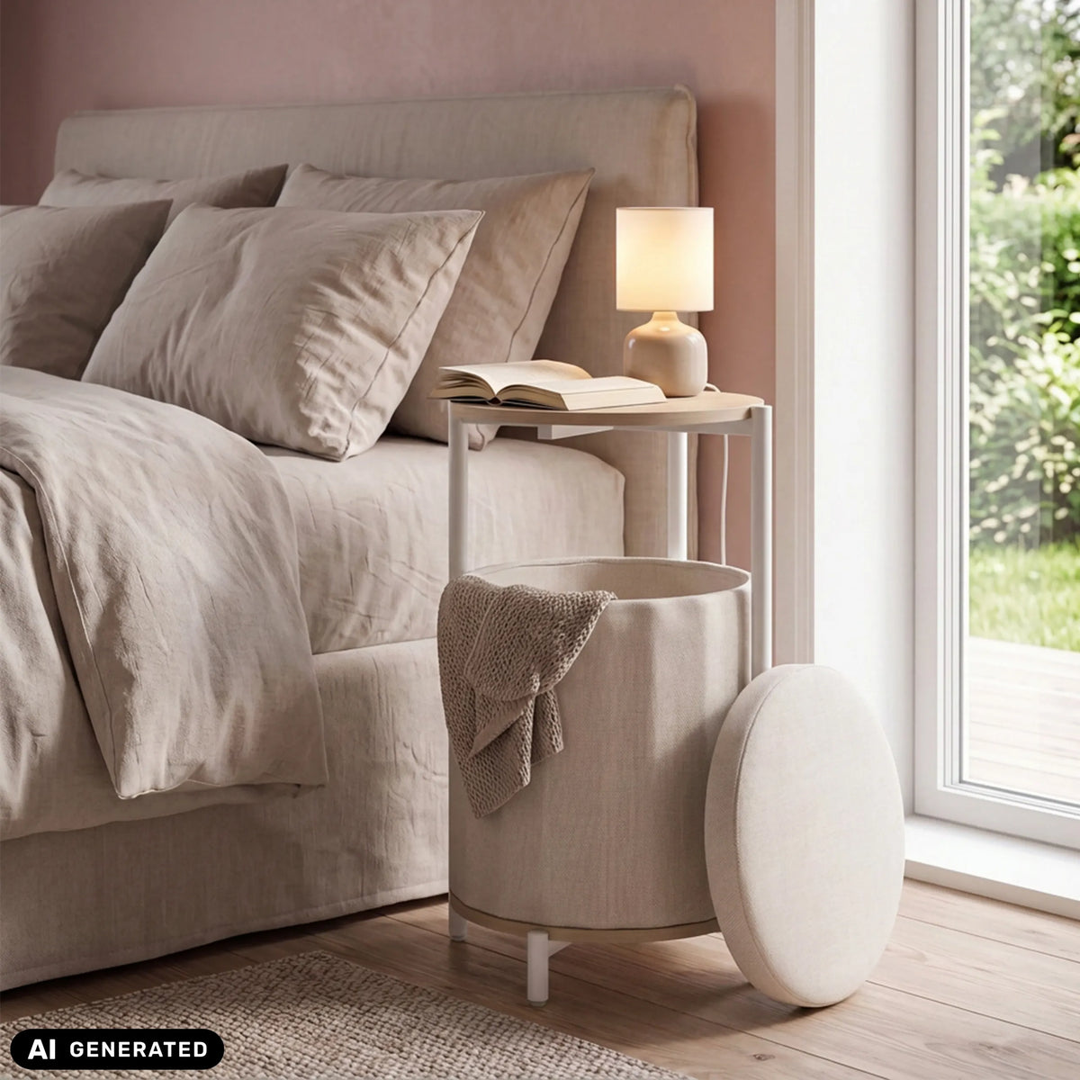 Side table Nestup 1 in white and oak next to a bed by hjh LIVING (AI-generated image)