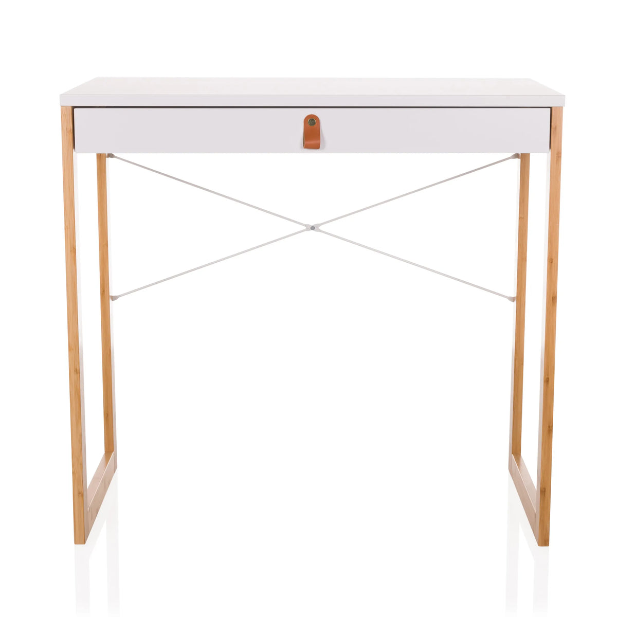 White Office Desk TAROLO II with one drawer, brown leather handle and wooden legs by hjh LIVING – 360-degree view (front view 0°)