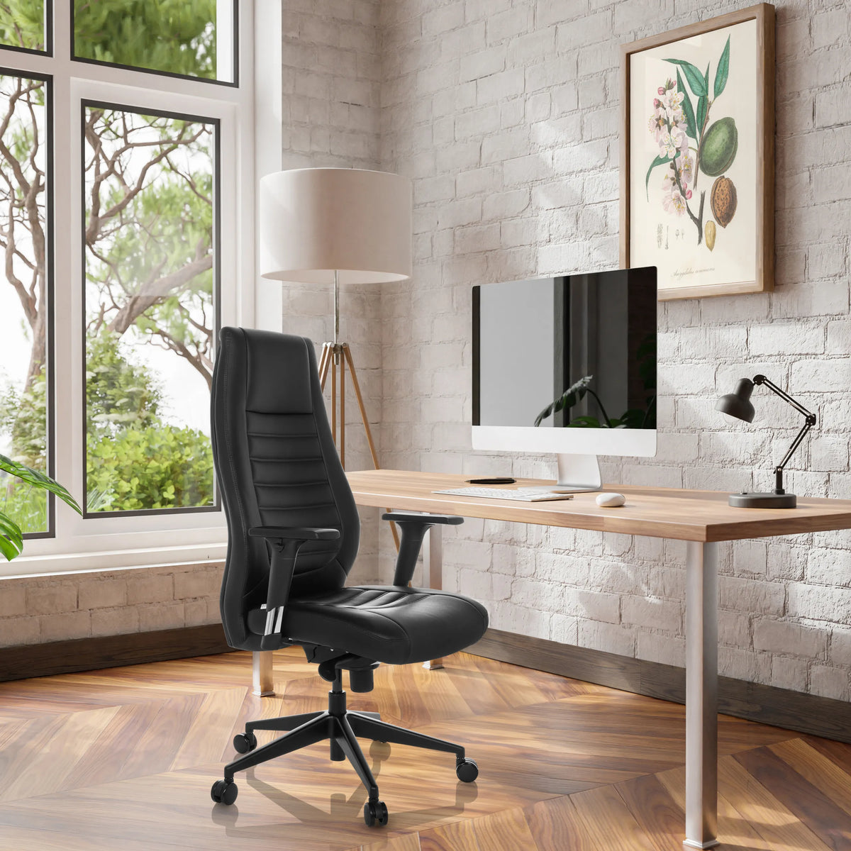 Black Professional Executive Chair VITORO B at a desk in a bright room with parquet flooring by hjh OFFICE