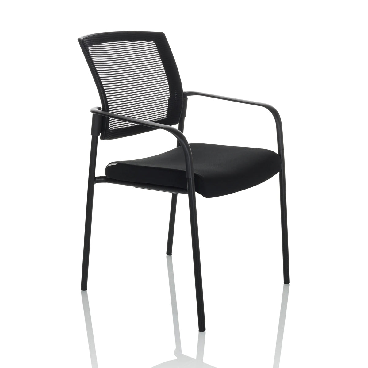 Black guest chair MEET B with mesh back, armrests and four legs by hjh OFFICE – 360-degree view (front three-quarter view 45°)
