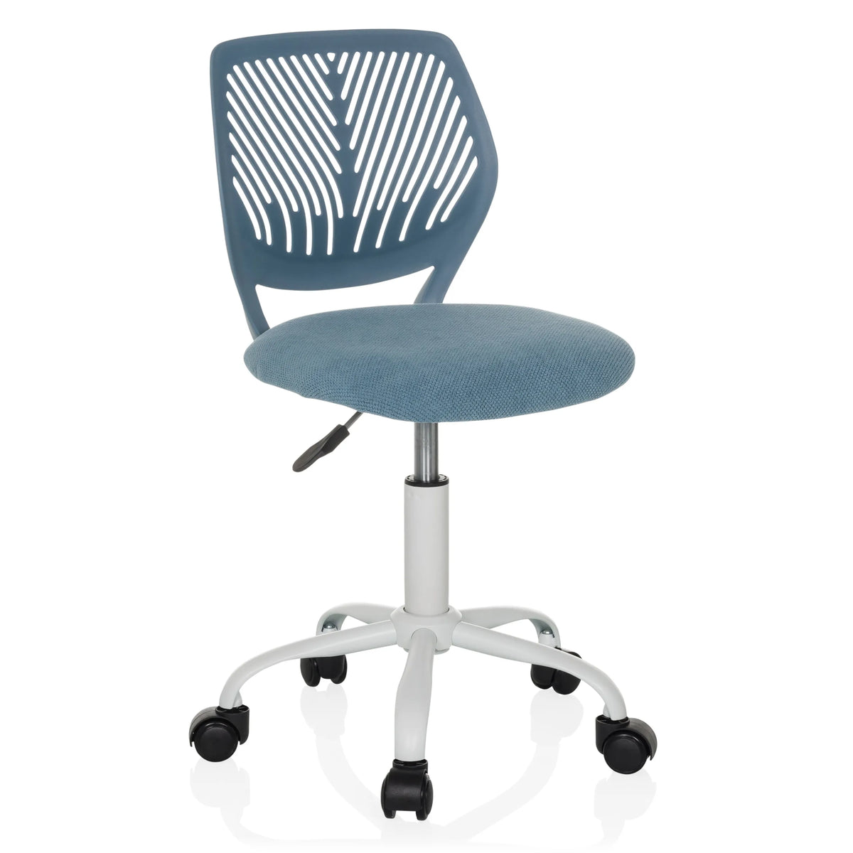 Blue Swivel Chair – Children KID QW with perforated backrest and white five-caster base by hjh OFFICE – 360-degree view (front three-quarter view 30°)