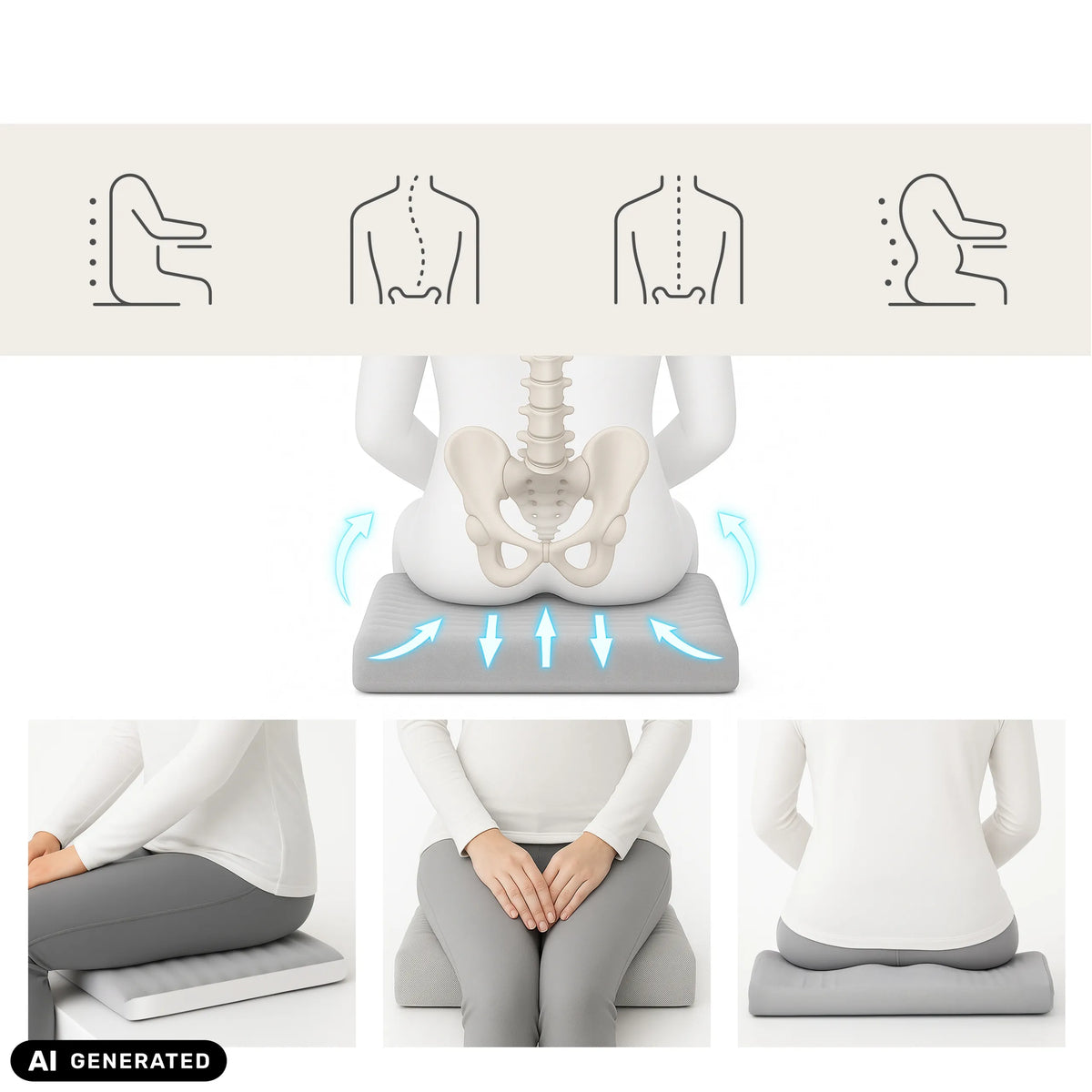 Grey MEDISIT V seat cushion in various views and schematic representations by hjh OFFICE (AI-generated image)