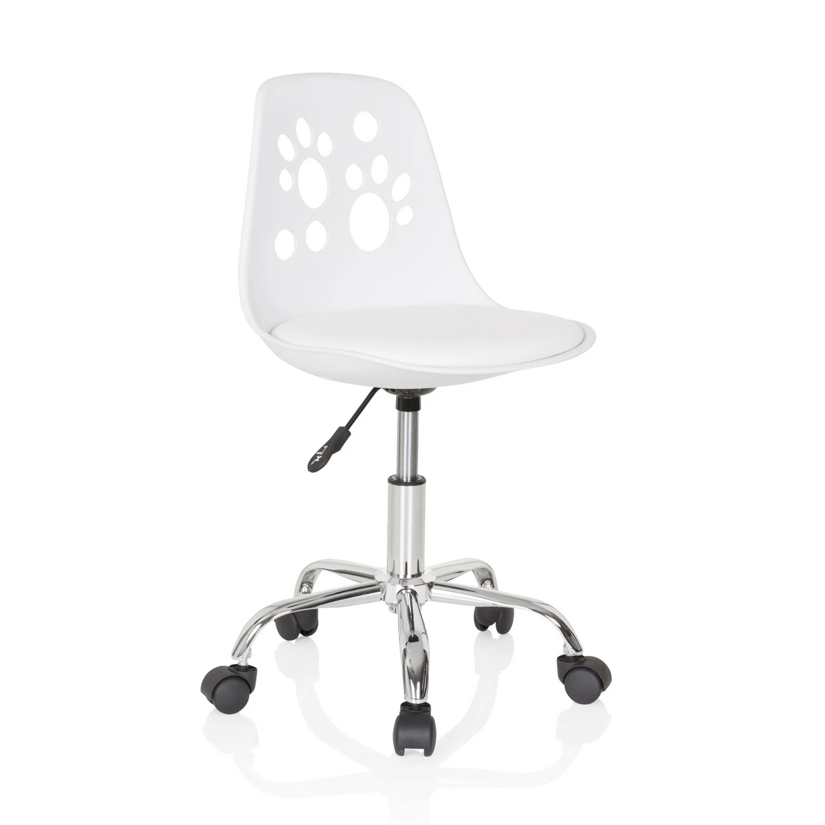 White Swivel Chair – Children FANCY I with paw print design and five-caster base by hjh OFFICE – 360-degree view (front three-quarter view 40°)