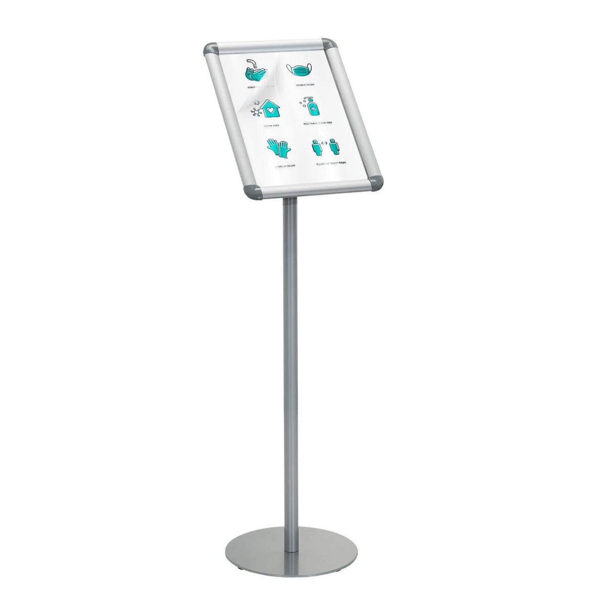Silver Poster stand AGENDA I with round base and frame for information sheets by hjh OFFICE