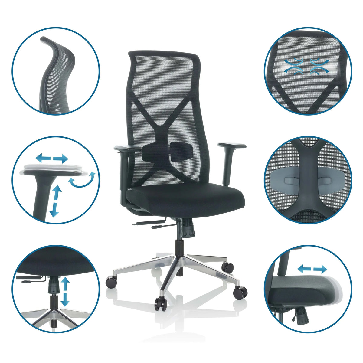 Professional Office Chair AZURRO B in black with various detailed views of the adjustment options by hjh OFFICE