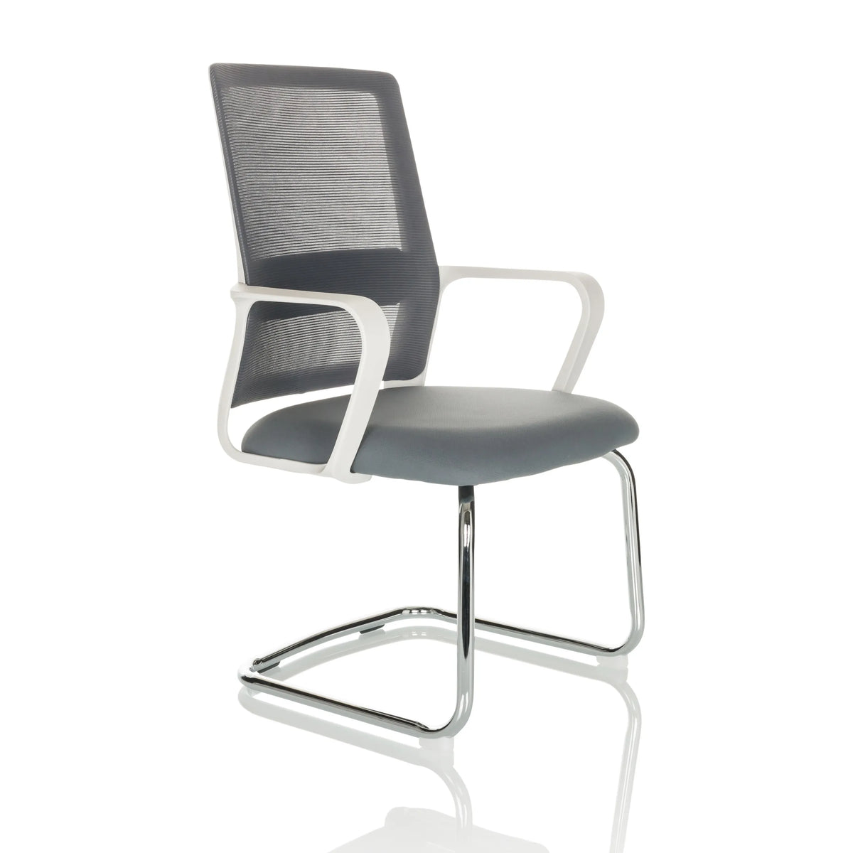 Grey Cantilever chair VISITER W with mesh back, armrests and chrome frame by hjh OFFICE – 360-degree view (front three-quarter view 45°)