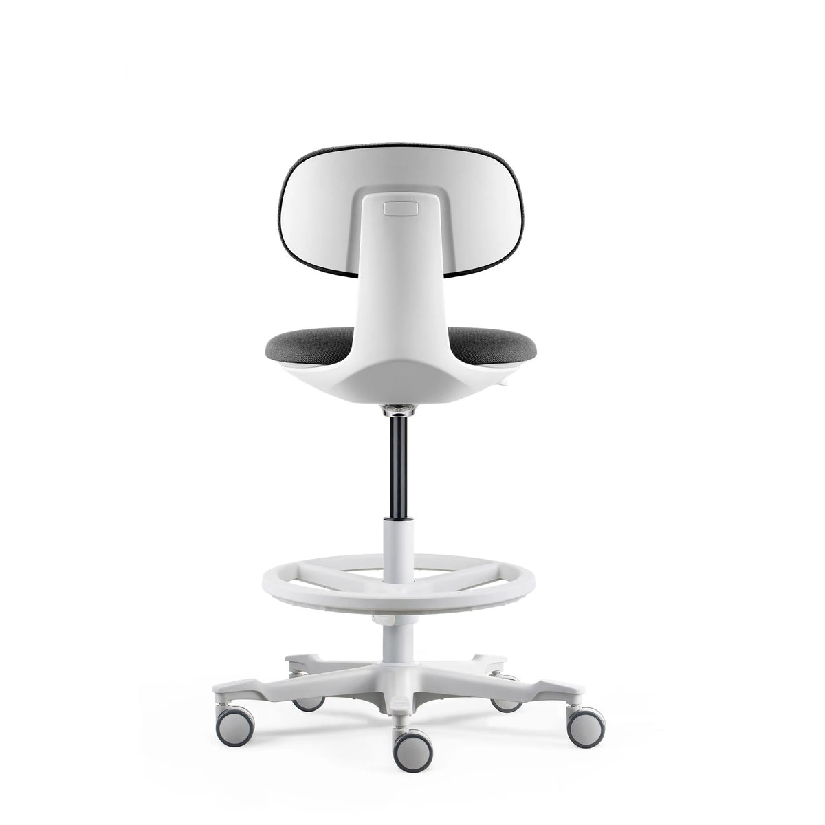 Rear view of the WORK MF2 W Work Chair in dark grey with foot ring and castors by hjh OFFICE