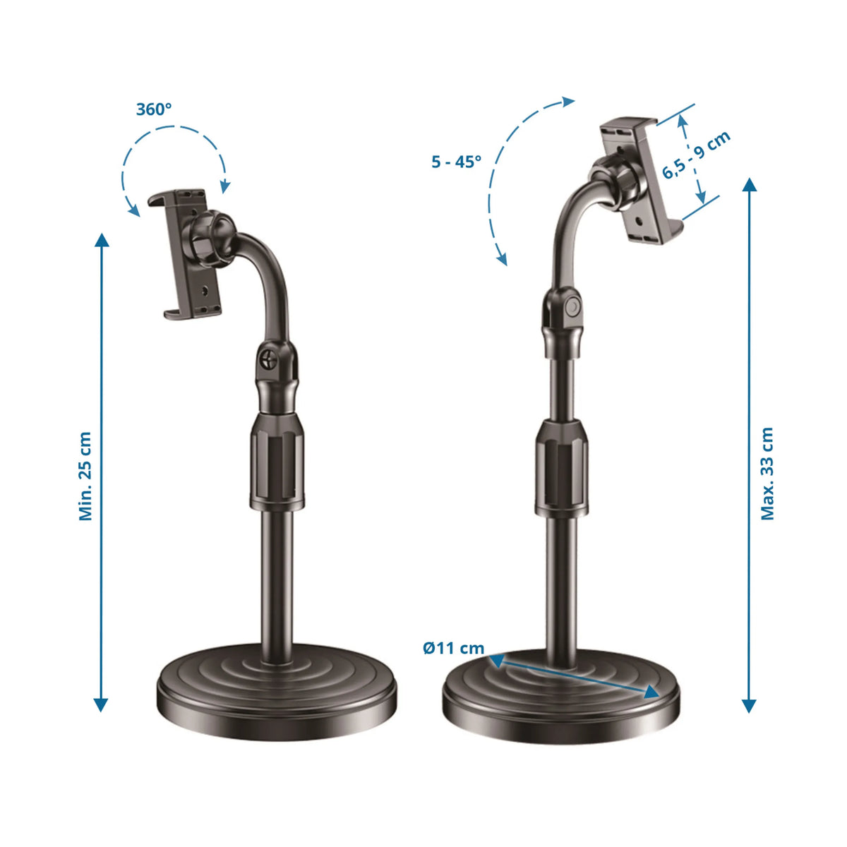 Technical drawing of the Mobile phone & tablet holder FLEXMOBI II with a maximum height of 33 cm by hjh OFFICE