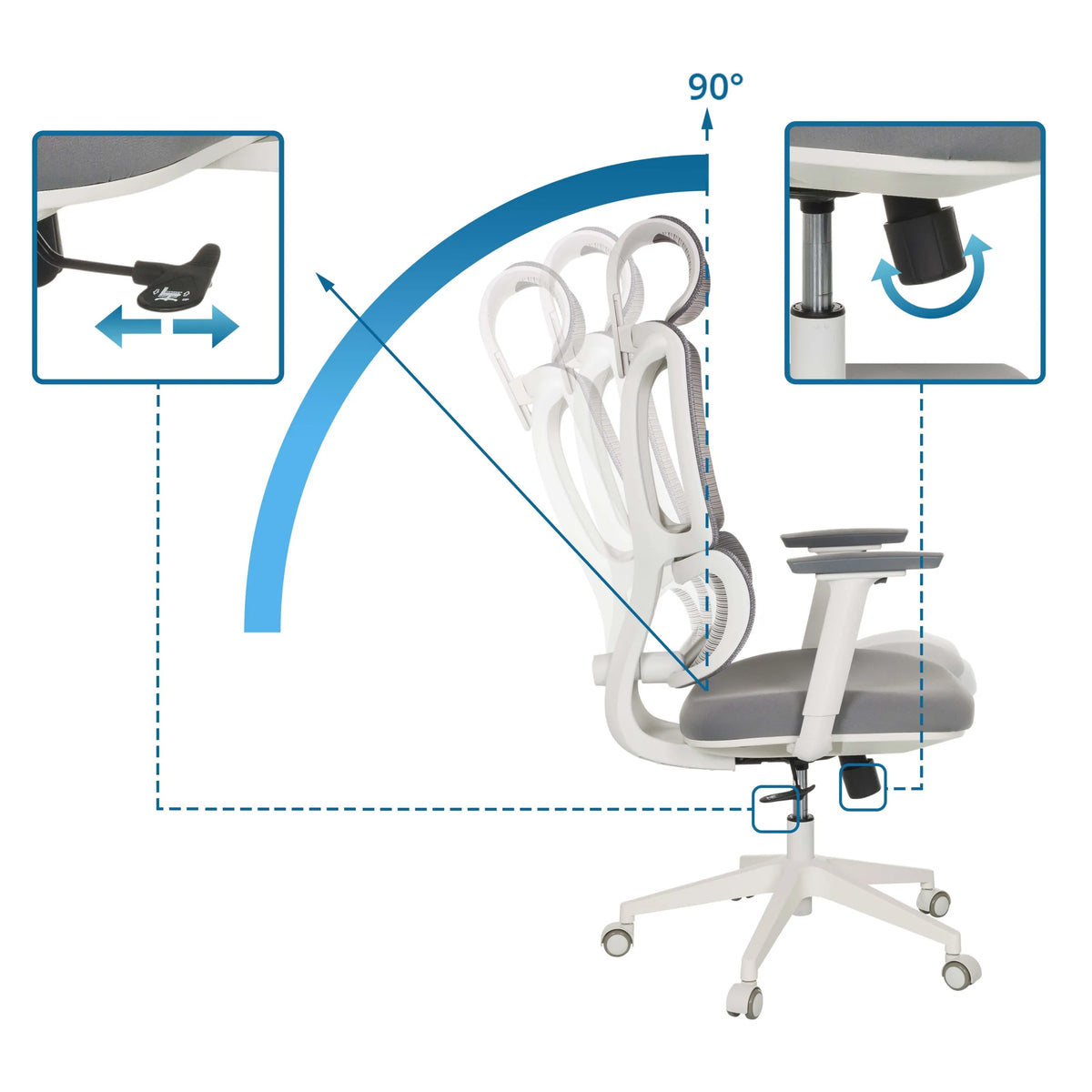 Adjustable backrest with 90 degree tilt of the Professional Office Chair ERGOMY W by MyBuero
