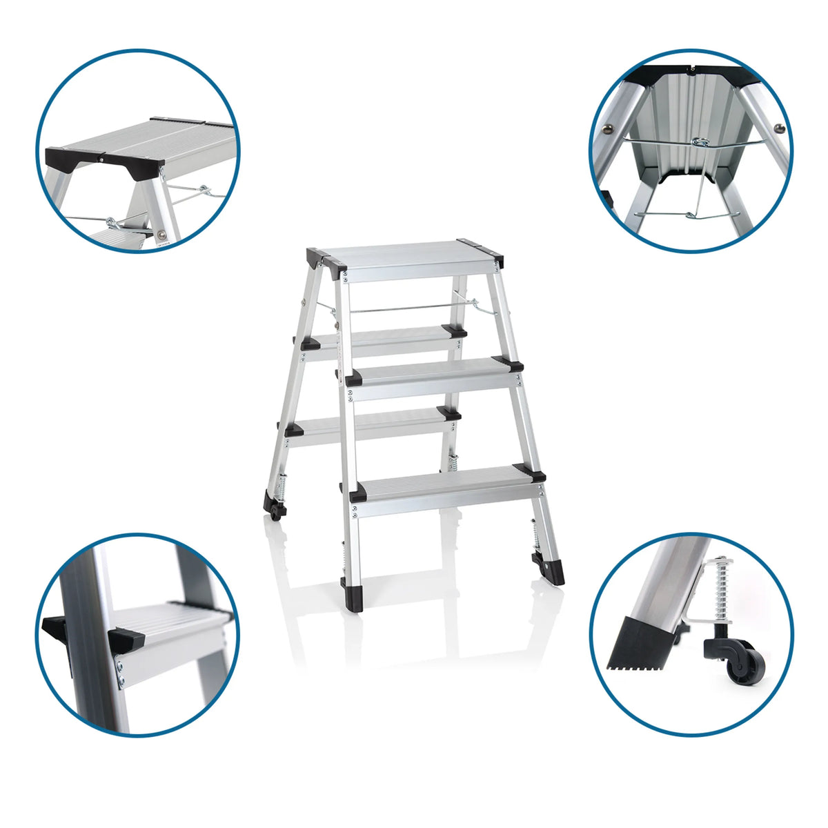 Aluminium Folding Ladder SOLID IV with three steps, non-slip feet and rollers by hjh OFFICE