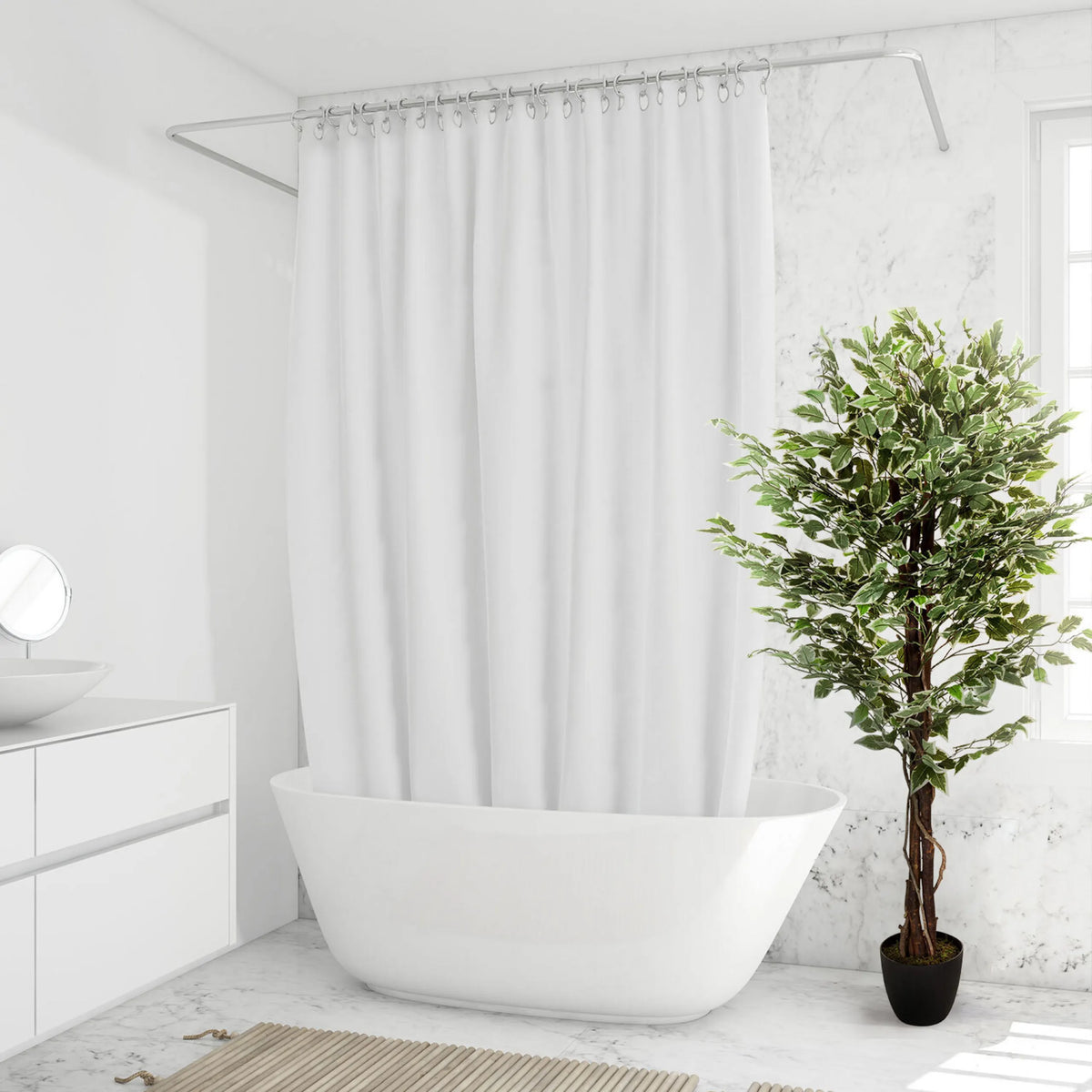 Green artificial plant FICUS in a black pot in the bathroom by hjh OFFICE