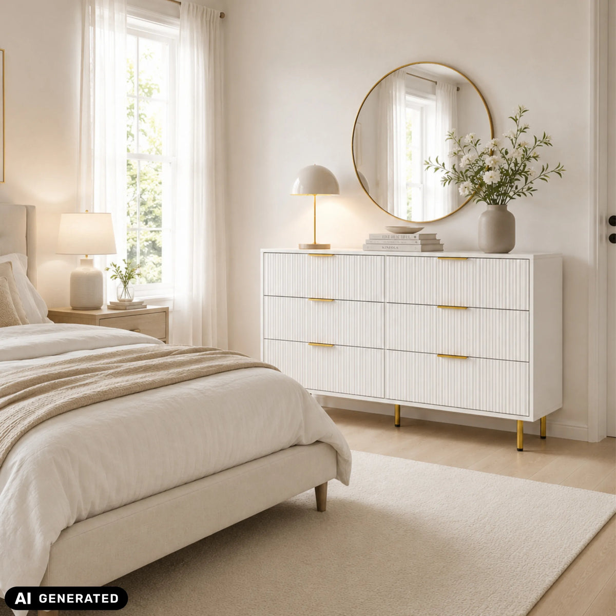 White Sideboard HJELLE with six drawers, golden handles and legs by hjh LIVING