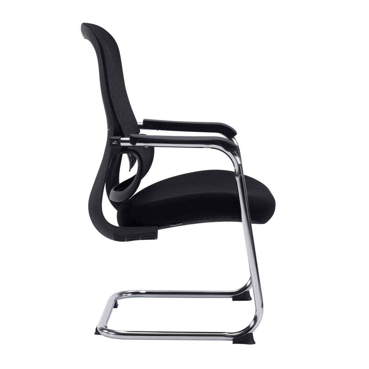 Side view of the Ergomy Meet cantilever chair in black with a chromed frame and armrests by hjh OFFICE