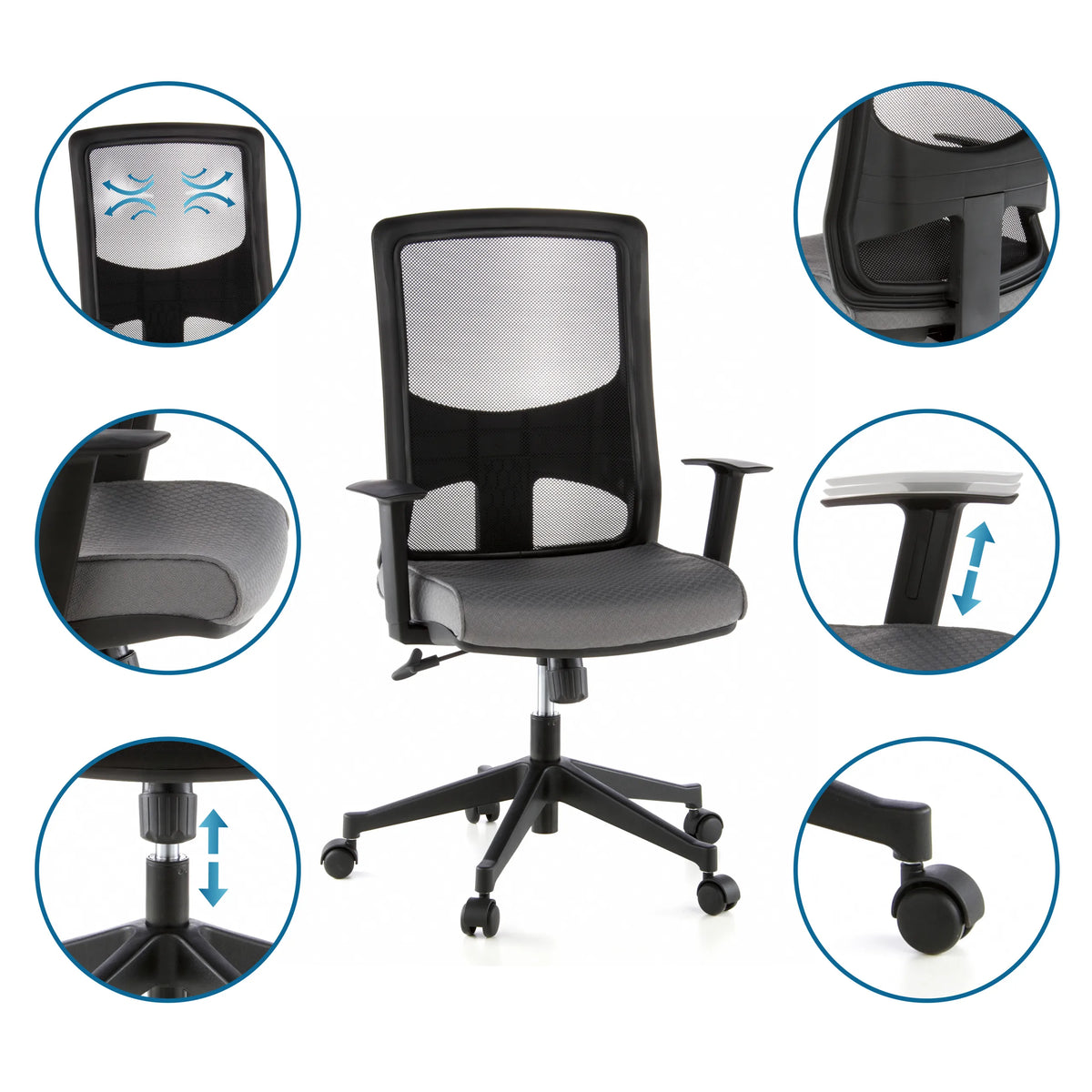 Professional Office Chair LAVITA in black and grey with detailed views of the backrest, seat and gas spring by hjh OFFICE