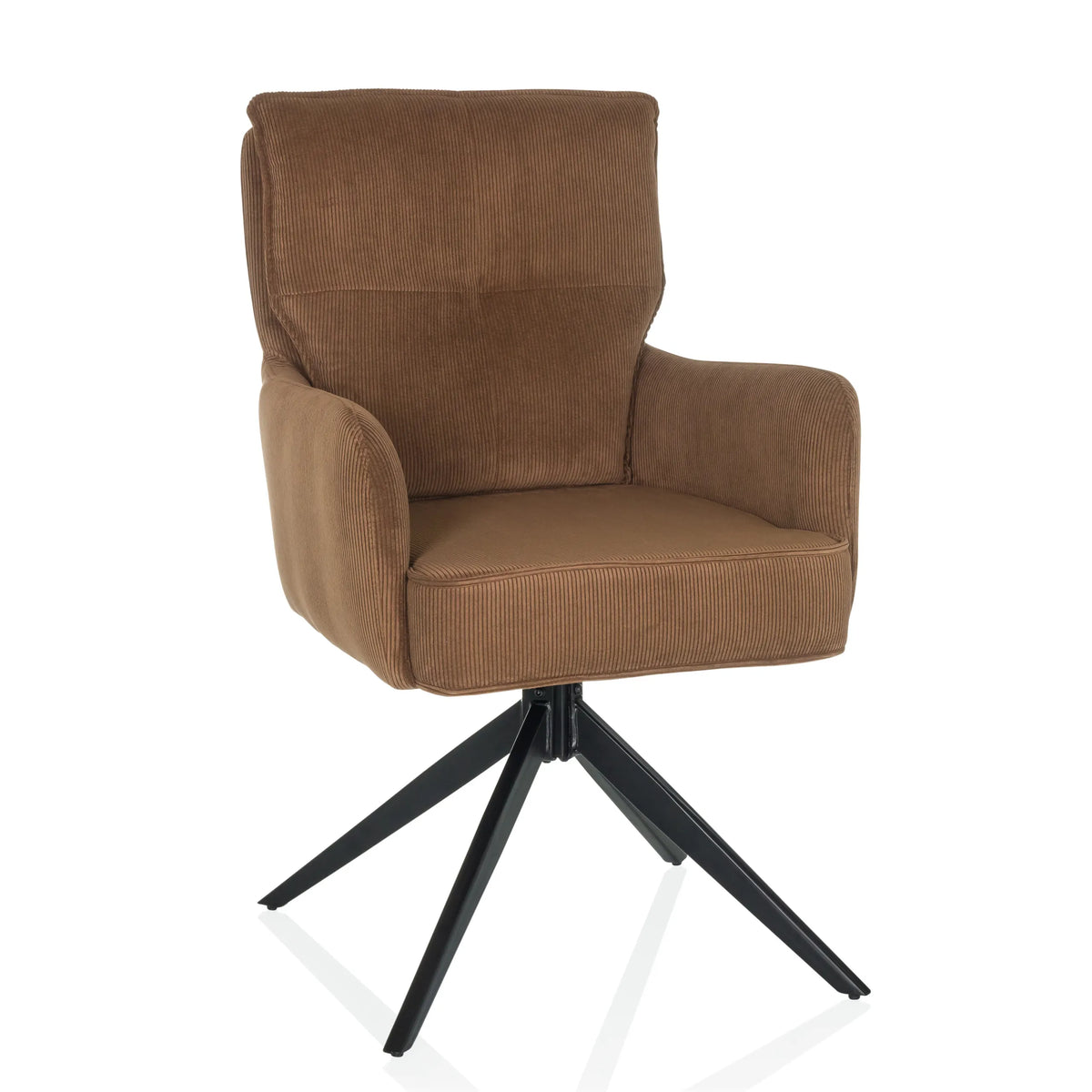 Brown upholstered chair TARUGO with corduroy cover and black four-star base by hjh LIVING – 360-degree view (front view 15°)