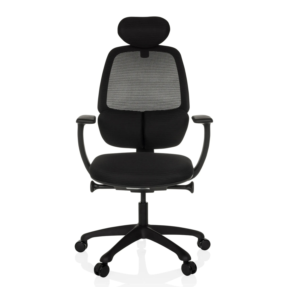 Black Professional Office Chair RI-COVER with mesh back, headrest and five-caster base by hjh OFFICE – 360-degree view (front view 0°)