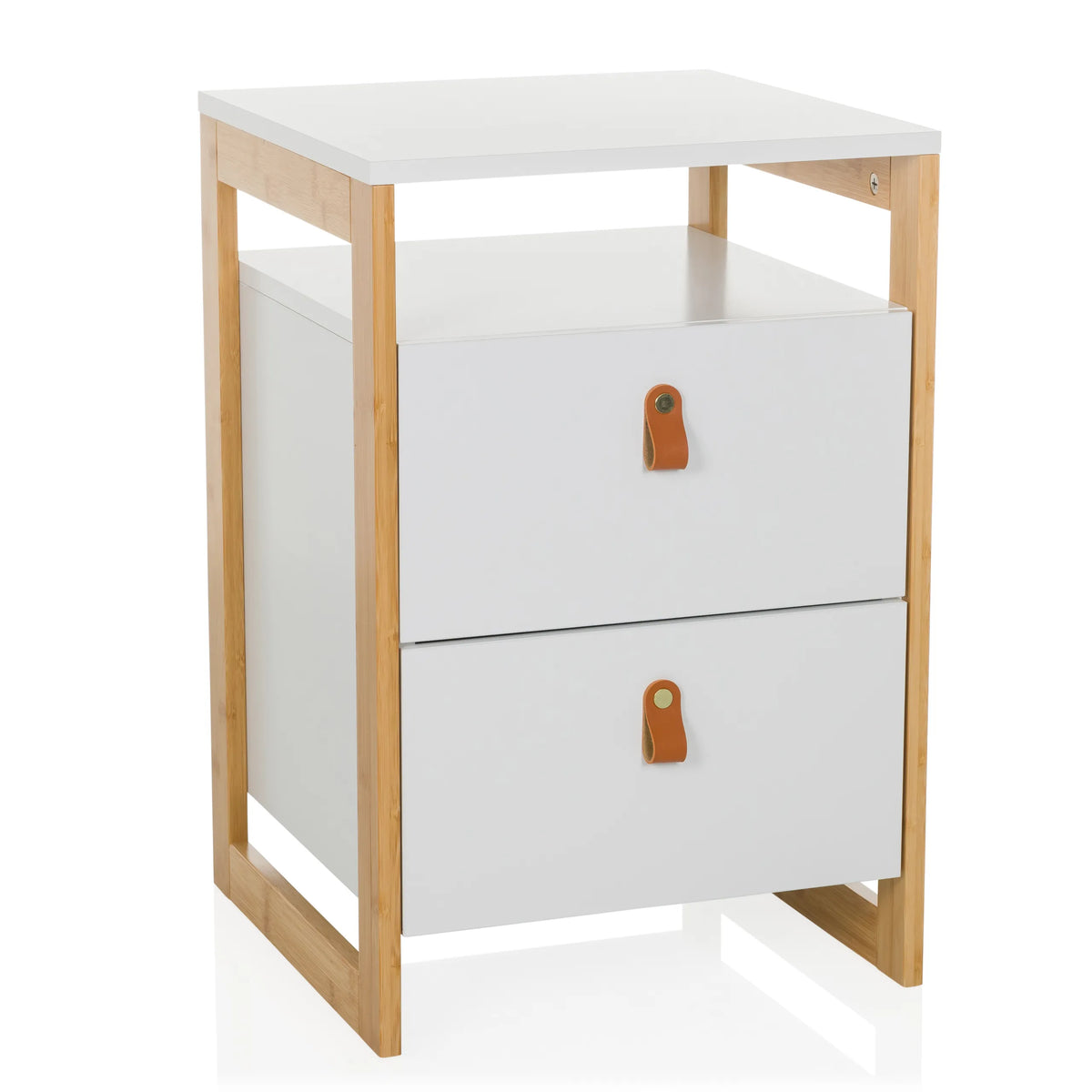 White Side table TAROLO III with two drawers and brown leather handles by hjh LIVING – 360-degree view (front view 15°)