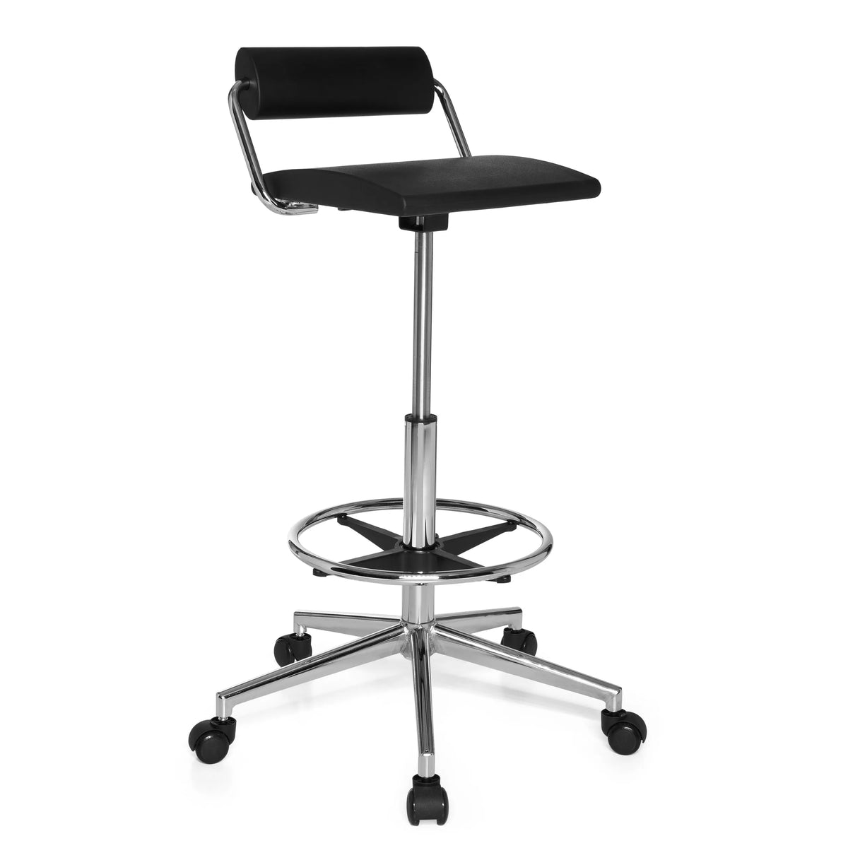 Black Swivel stool TOP WORK 28 with foot ring and five-caster base by hjh OFFICE – 360-degree view (front three-quarter view 40°)