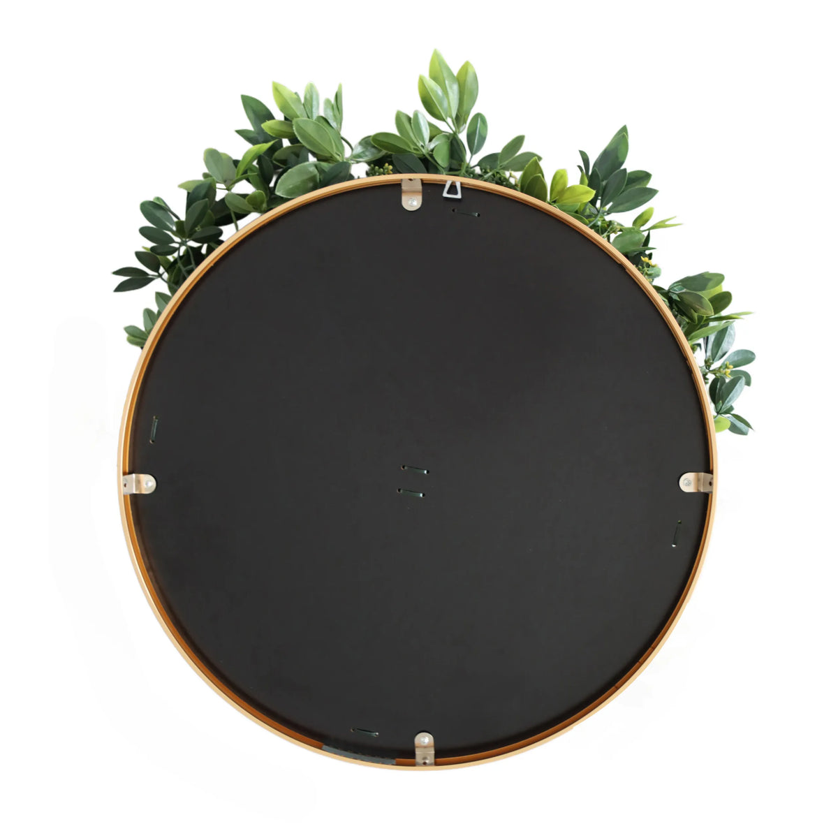 Back of the round Plant mat LEAFLUXE WALL 2 in black with a gold-coloured edge by hjh LIVING