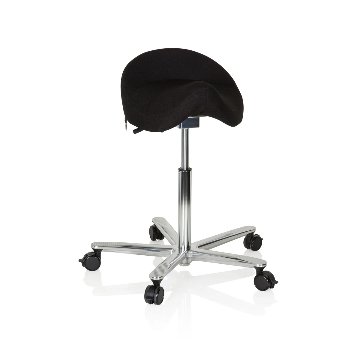 Black Saddle stool MOVE-TEC 3D PRO I with a five-caster star base by hjh OFFICE – 360-degree view (front view 20°)