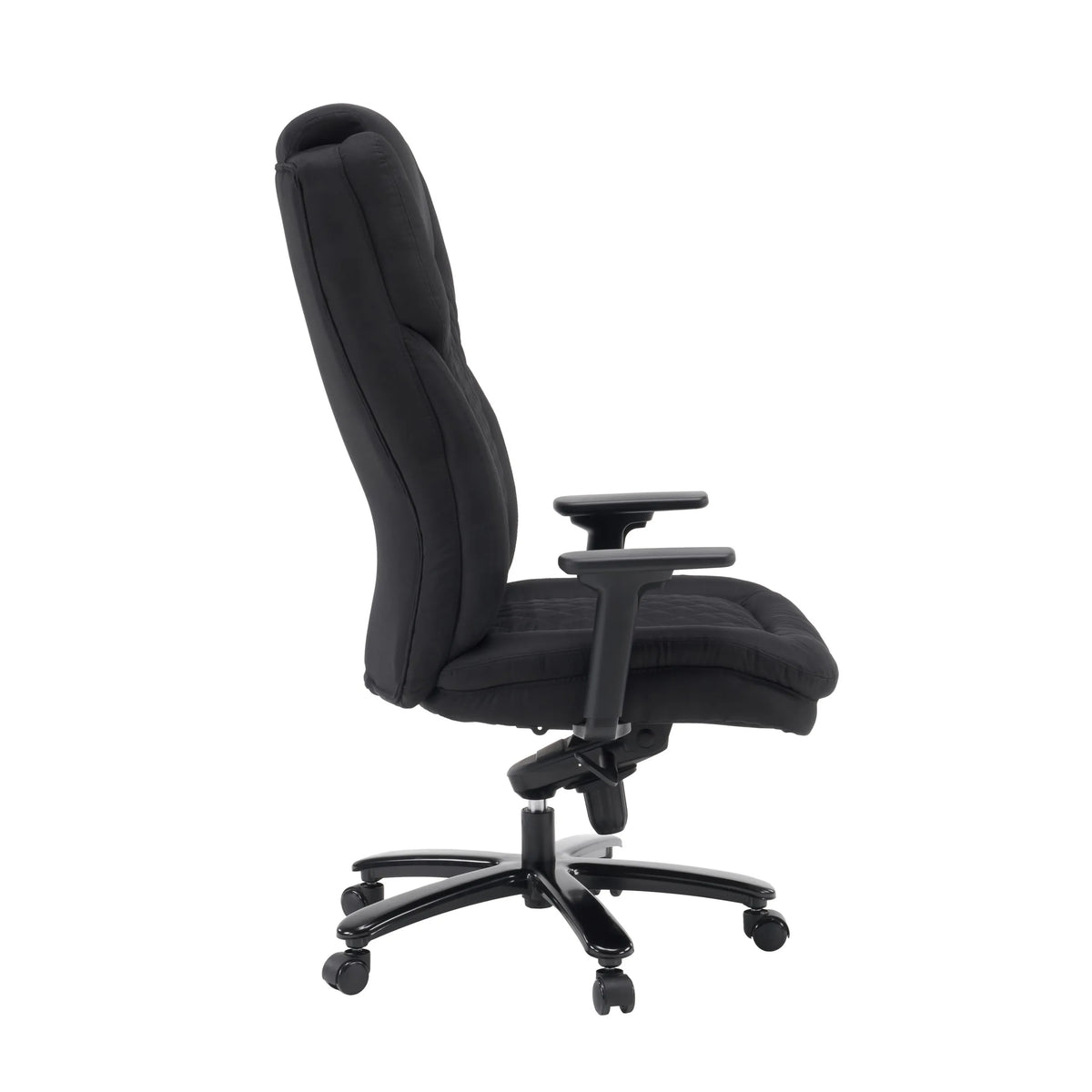 Side view of XXL Pullmann Gen2 swivel chair with black fabric upholstery and armrests by hjh OFFICE