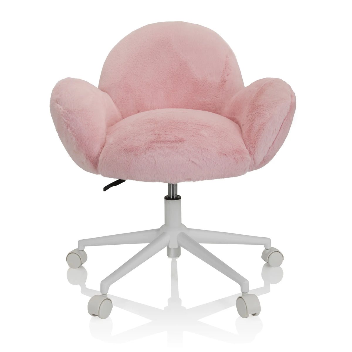 Pink Swivel Chair – Children KID TEDDY with fluffy cover and white five-caster base by hjh OFFICE – 360-degree view (front view 0°)