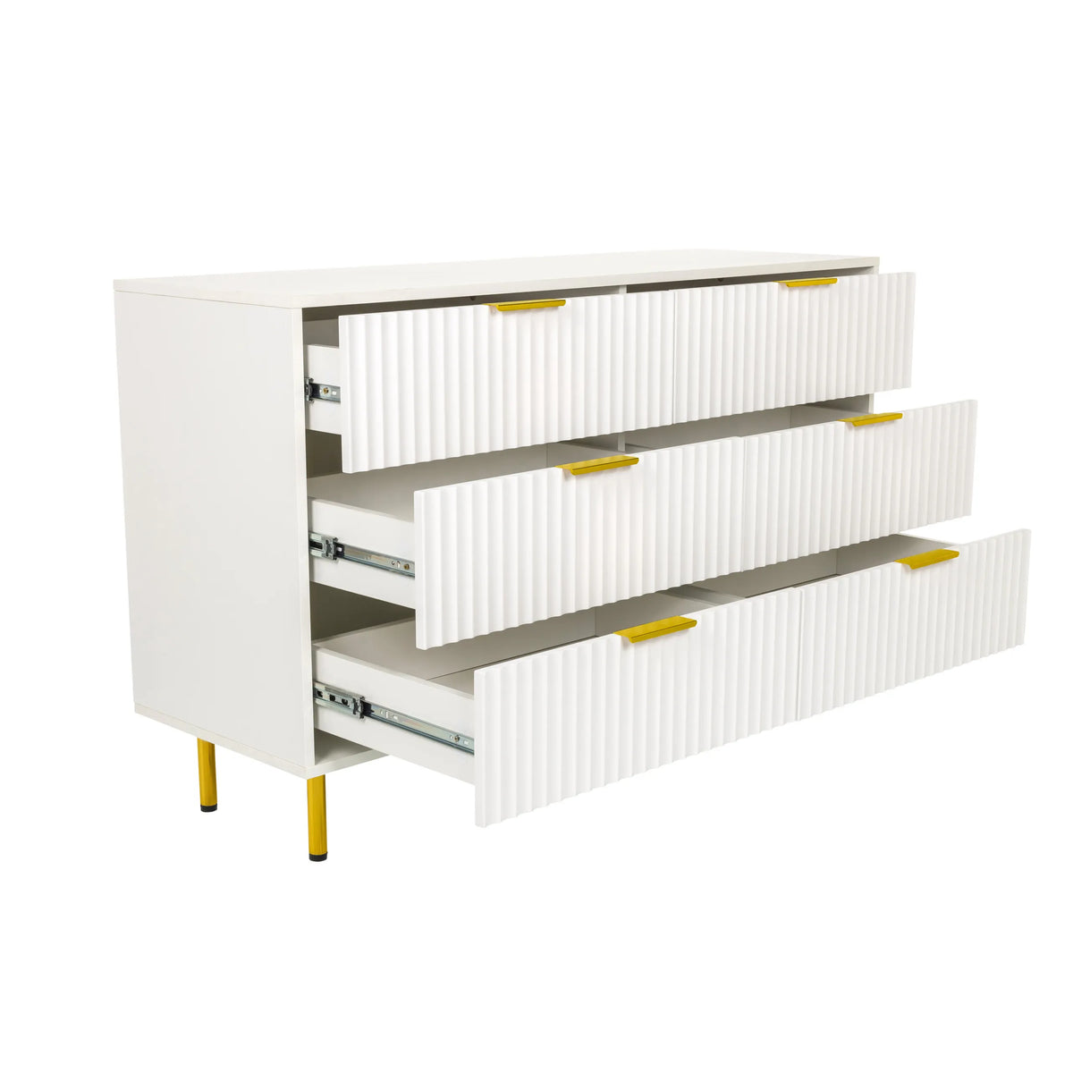 White Sideboard HJELLE with three open drawers and gold-coloured legs by hjh LIVING