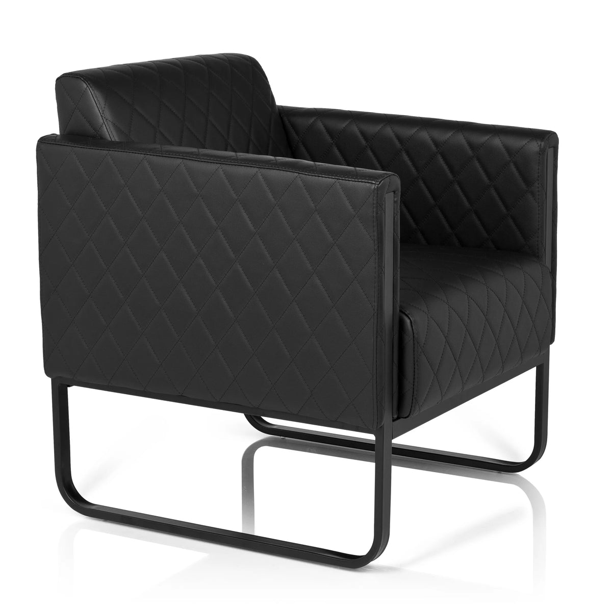 Black upholstered armchair ARUBA BLACK with diamond stitching and sled base by hjh OFFICE – 360-degree view (front three-quarter view 60°)
