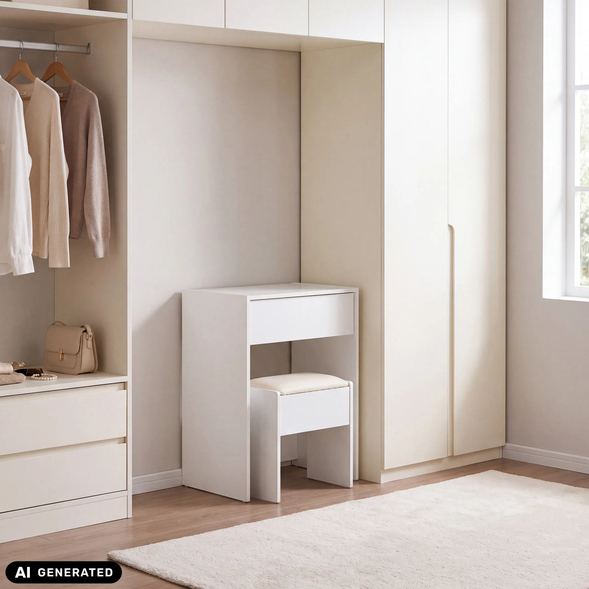 White Glamdesk dressing table with stool in a wardrobe niche by hjh LIVING (AI-generated image)