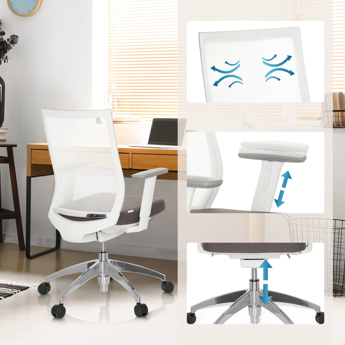 Breathable backrest, height-adjustable armrests and gas lift of the Professional Office Chair ASPEN WHITE by hjh OFFICE