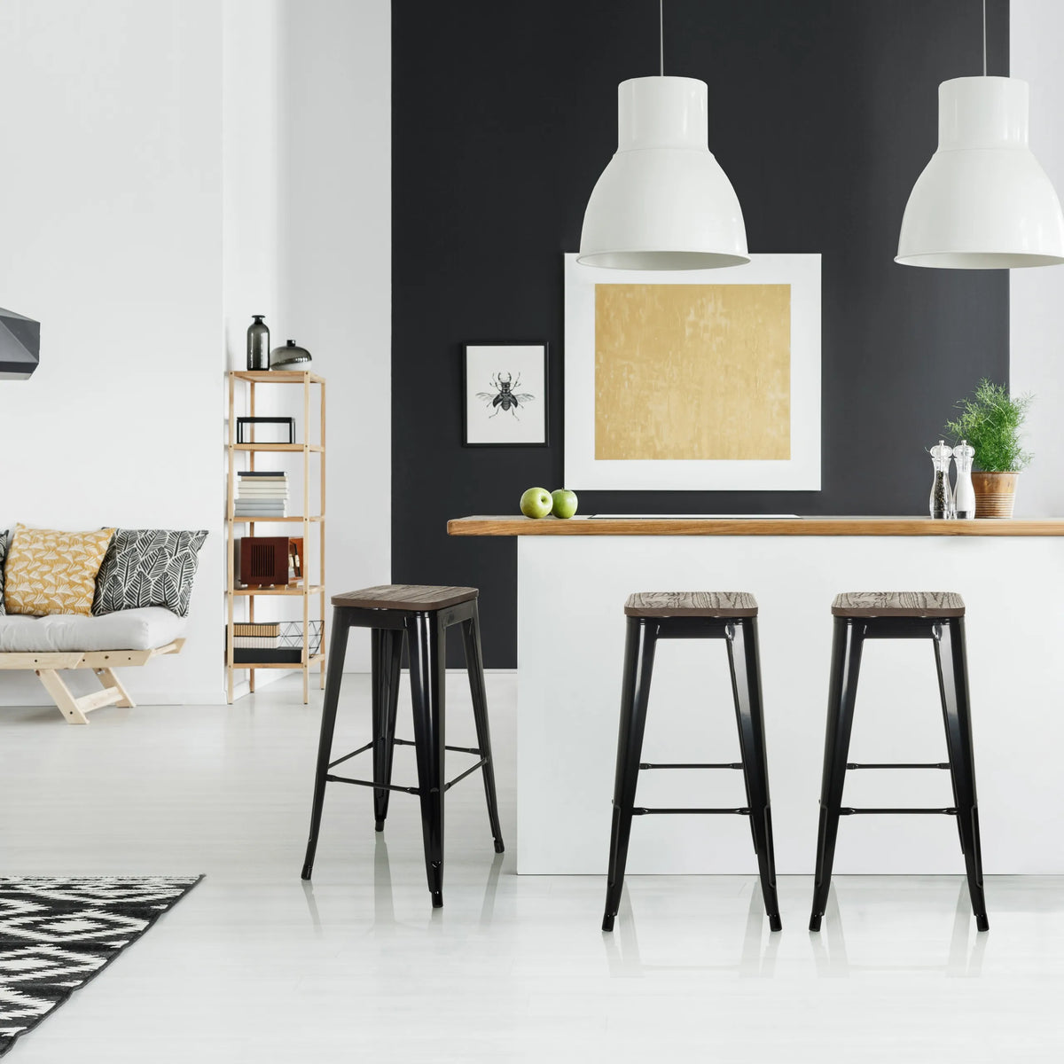 Three black VANTAGGIO HIGH WS bar stools with dark wooden seats at a white counter by hjh OFFICE