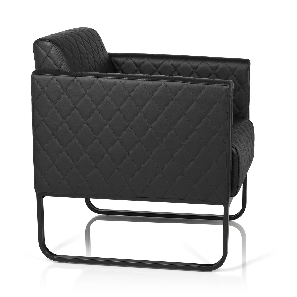 Black upholstered armchair ARUBA BLACK with diamond stitching and sled base by hjh OFFICE – 360-degree view (side profile 80°)