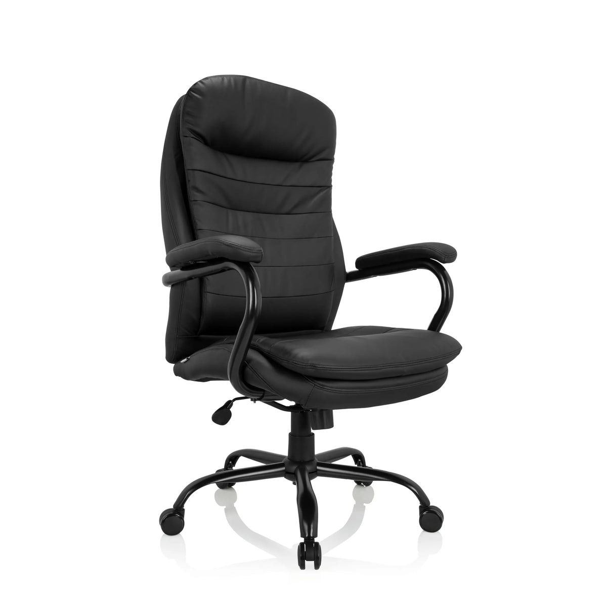 Black Swivel Chair RELAX XXL B made of faux leather with star base and five castors by hjh OFFICE – 360-degree view (front three-quarter view 40°)