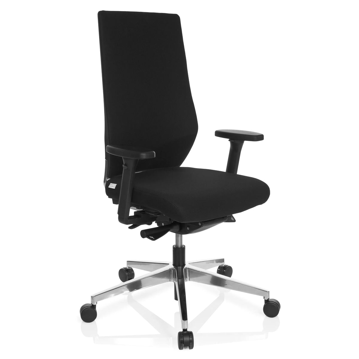 Black Professional Office Chair PRO-TEC 700 with armrests and glossy five-caster base by hjh OFFICE – 360-degree view (front three-quarter view 40°)