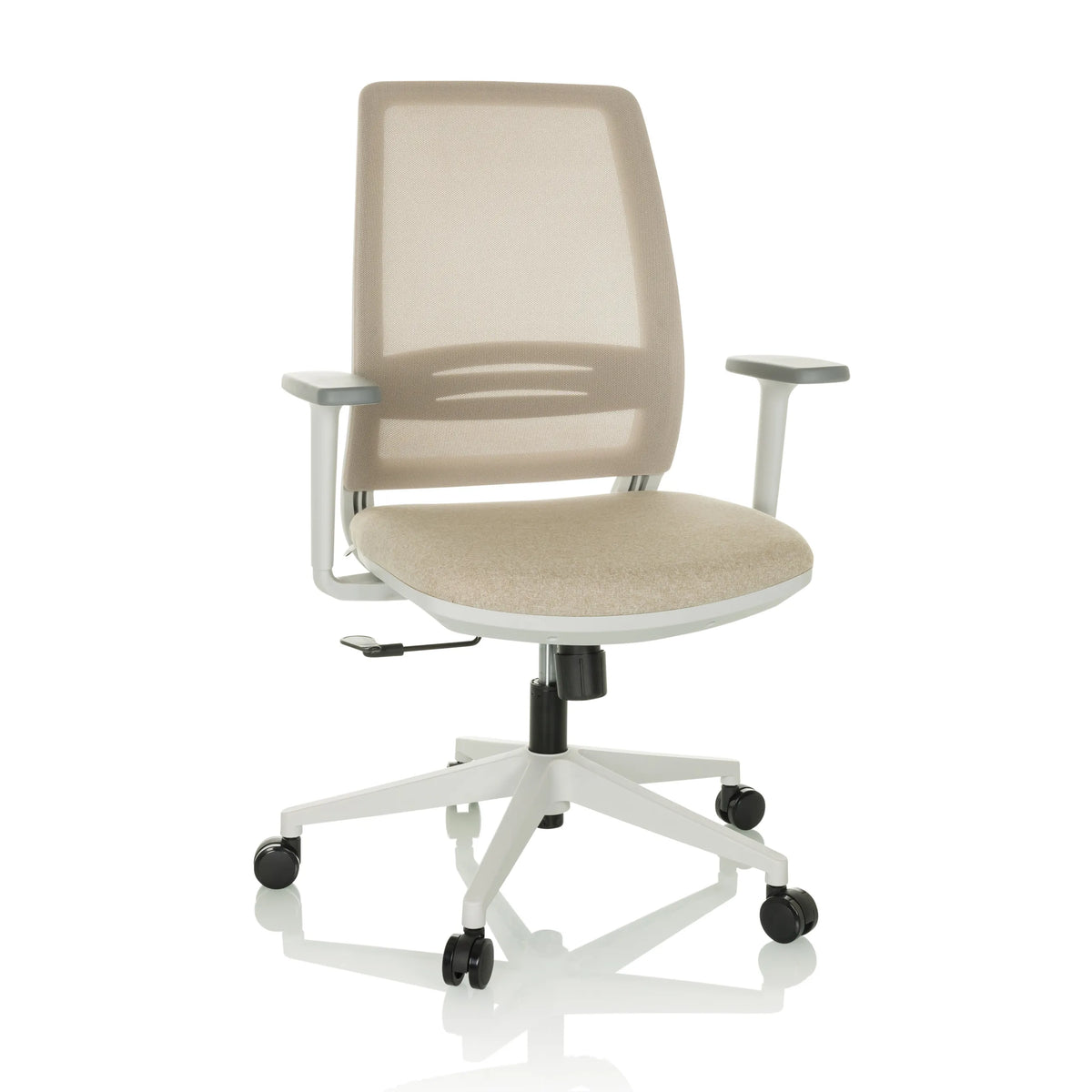 Beige Home Office Chair PROFONDO ECO W with mesh back and five-caster base by hjh OFFICE – 360-degree view (front view 15°)