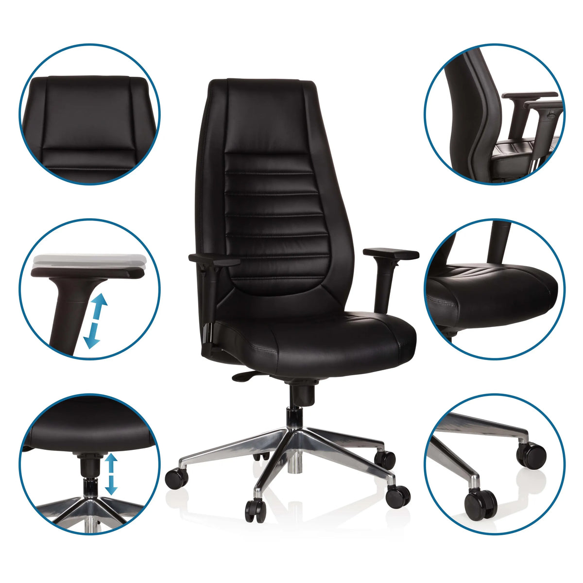 Professional Executive Chair VITORO in black with detailed views of the armrests, seat height and castors by hjh OFFICE