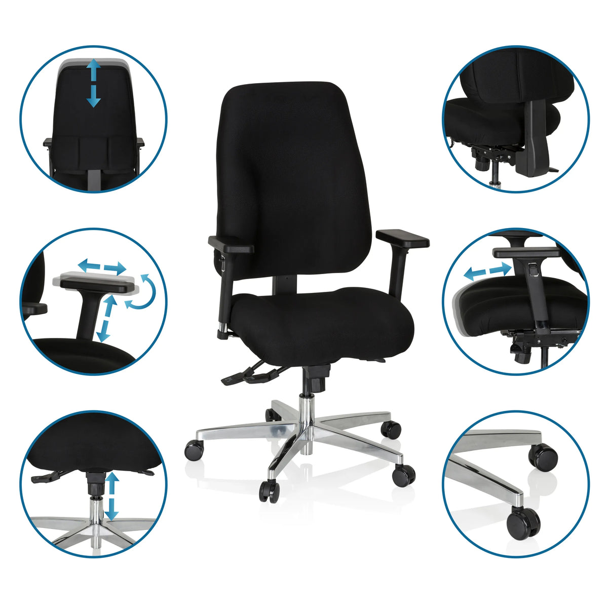 Adjustable features of the Professional Office Chair ZENIT COMFORT in black with castors and armrests by hjh OFFICE