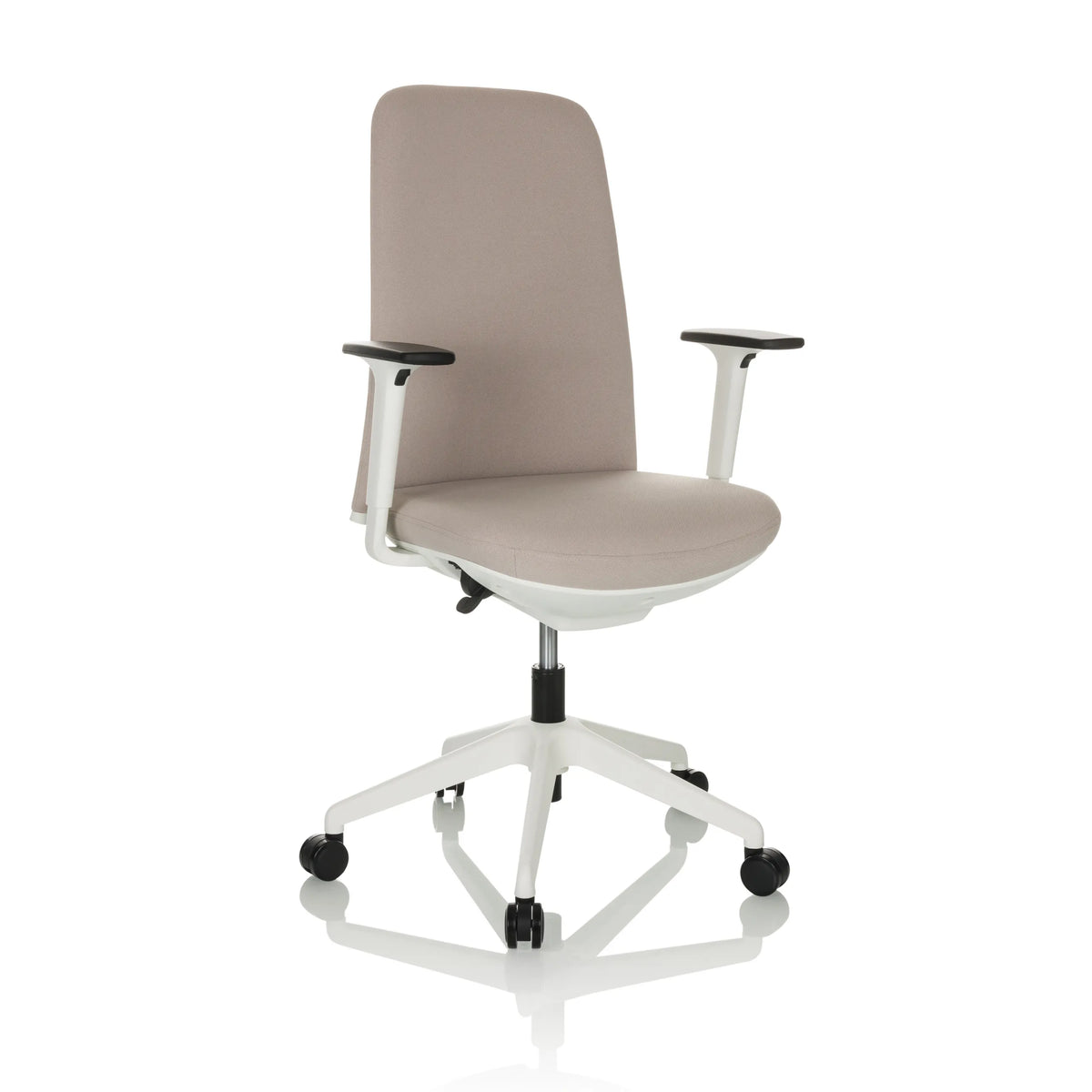 Beige Professional Office Chair NESTORA with armrests and white five-caster base by hjh OFFICE – 360-degree view (front three-quarter view 30°)