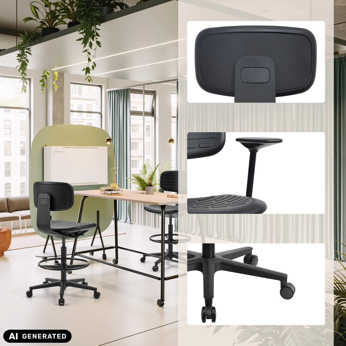 Black TOP WORK B counter chair with foot ring and castors in different views by hjh OFFICE (AI-generated image)