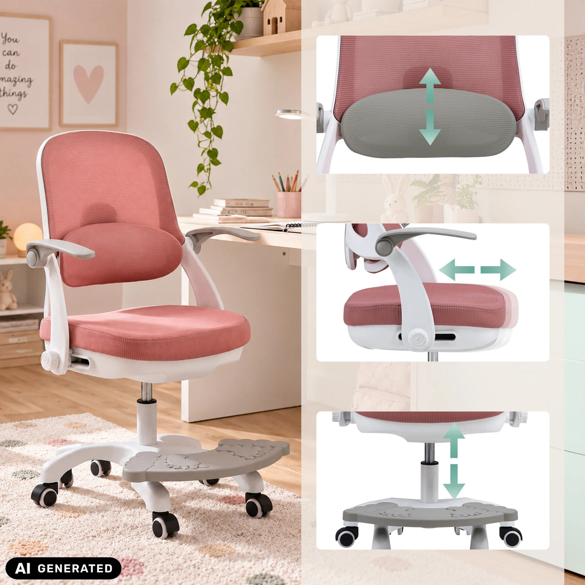 Adjustable backrest, armrest and seat height of the Kiddy Smart Step children's swivel chair by hjh OFFICE (AI-generated image)