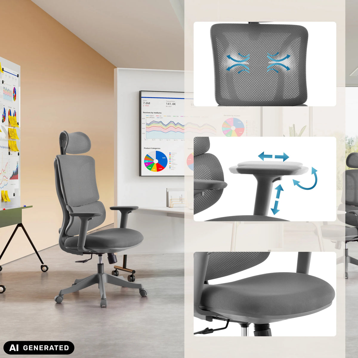 Grey Ergomy Colore Home Office Chair with mesh backrest and adjustable mechanism by MyBuero (AI-generated image)